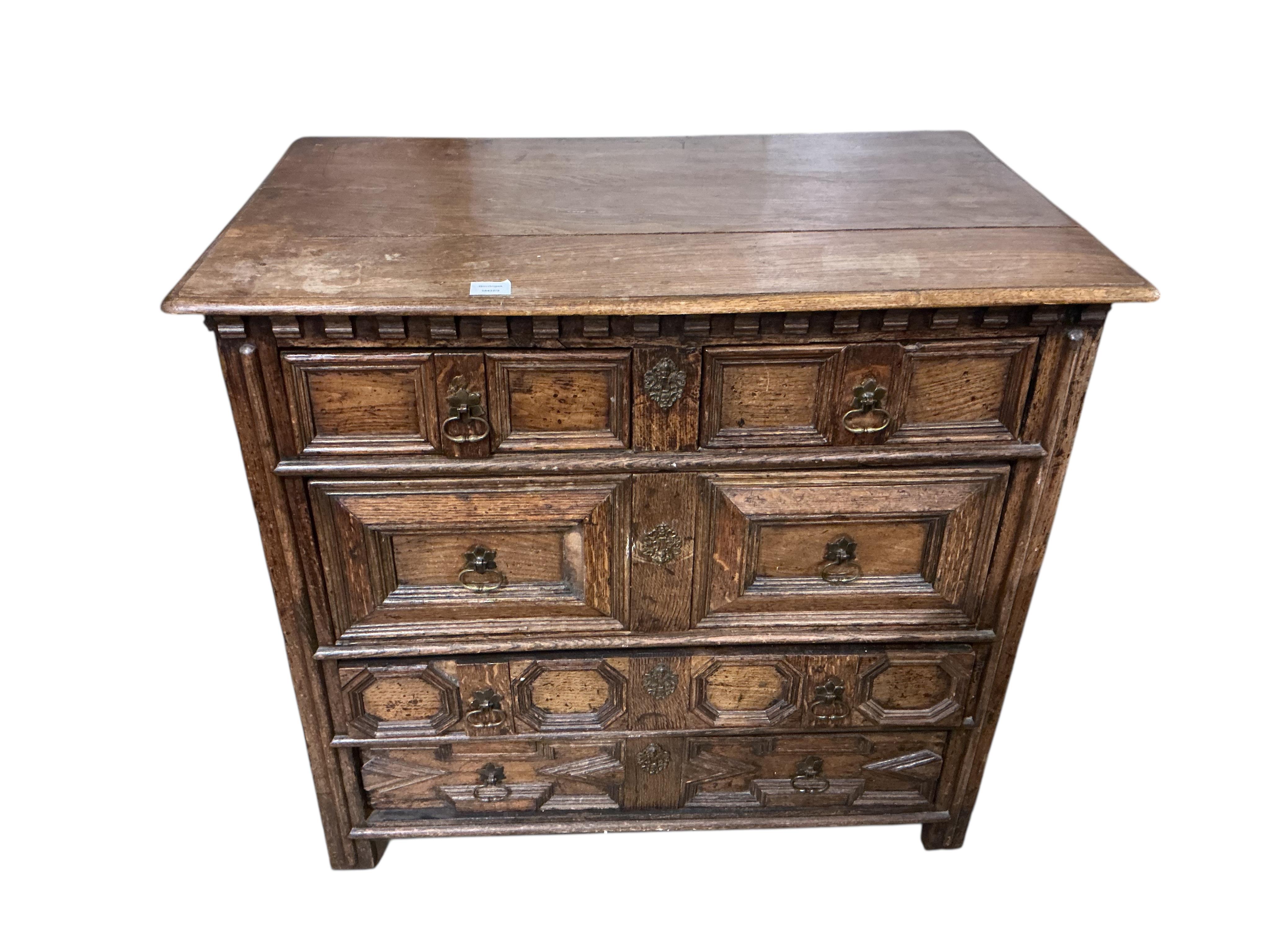 A William and Mary and later oak chest of drawers with geometric front, width 99cm, depth 60cm, height 90cm